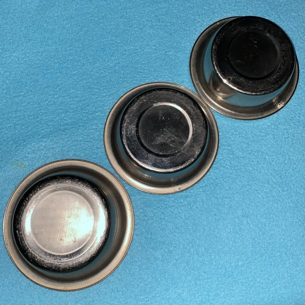 BOWLS- 3 small stainless steel metal pet food or water bowls